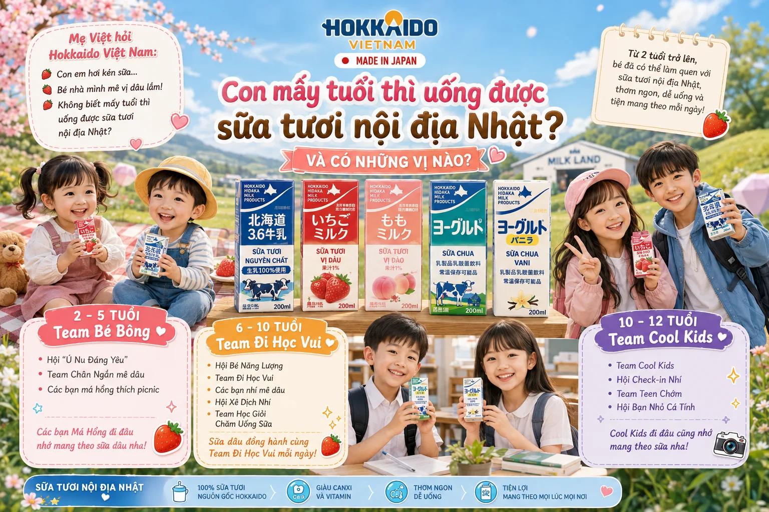 Mẹ Việt hỏi Hokkaido Việt Nam: Con mấy tuổi thì uống được sữa tươi nội địa Nhật và có những vị nào?