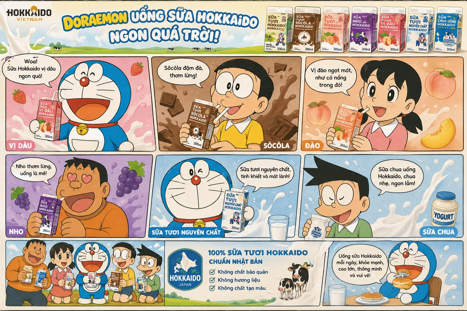 Bộ ảnh vui: Khi các nhân vật trong bộ truyện tranh Doraemon uống sữa Hokkaido, phản ứng về các vị sữa quá trời dễ thương